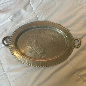Everlast Metal Hand Forged Aluminum Oval Tray Serving Platter Handles Flowers